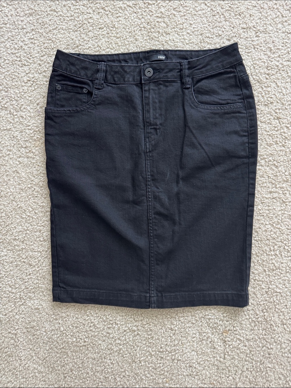 H&M Black Denim Pencil Skirt with Front Button